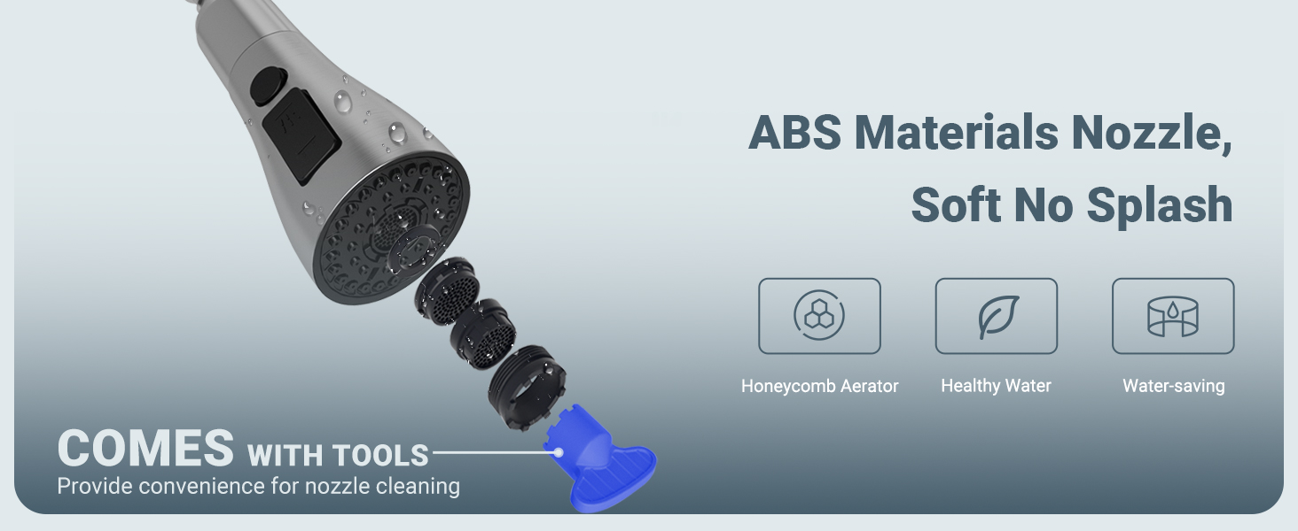 ABS shower nozzle with multiple components shown in exploded view, featuring no-splash technology and included tools.