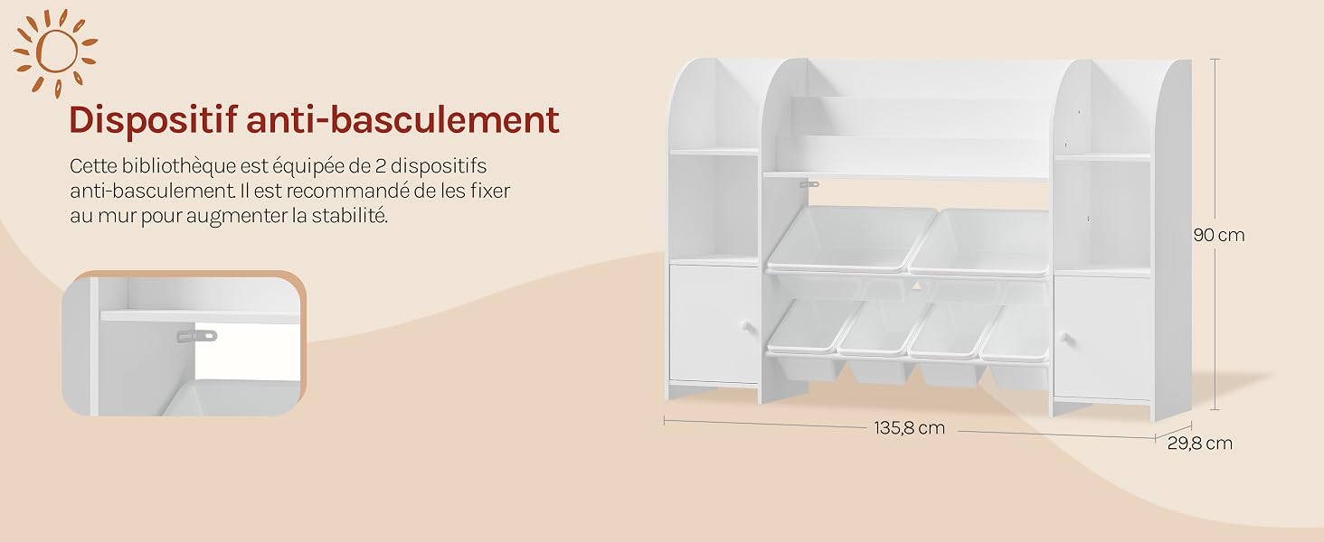Le texte indique « Dispositif anti-diffusion » avec un schéma du produit montrant les composants transparents du dispositif de protection et une illustration en coupe transversale sur fond beige.