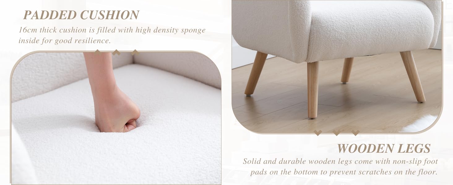 Cream-colored cushioned furniture piece with padded seat and wooden legs.