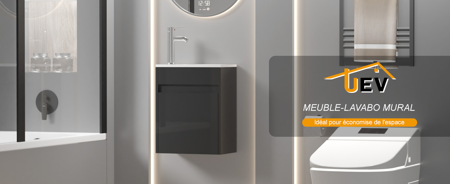 Le texte indique « DEV » avec un logo géométrique. Intérieur de salle de bain moderne avec meuble de toilette flottant en finition foncée sur des murs gris avec accessoires de salle de bain visibles.