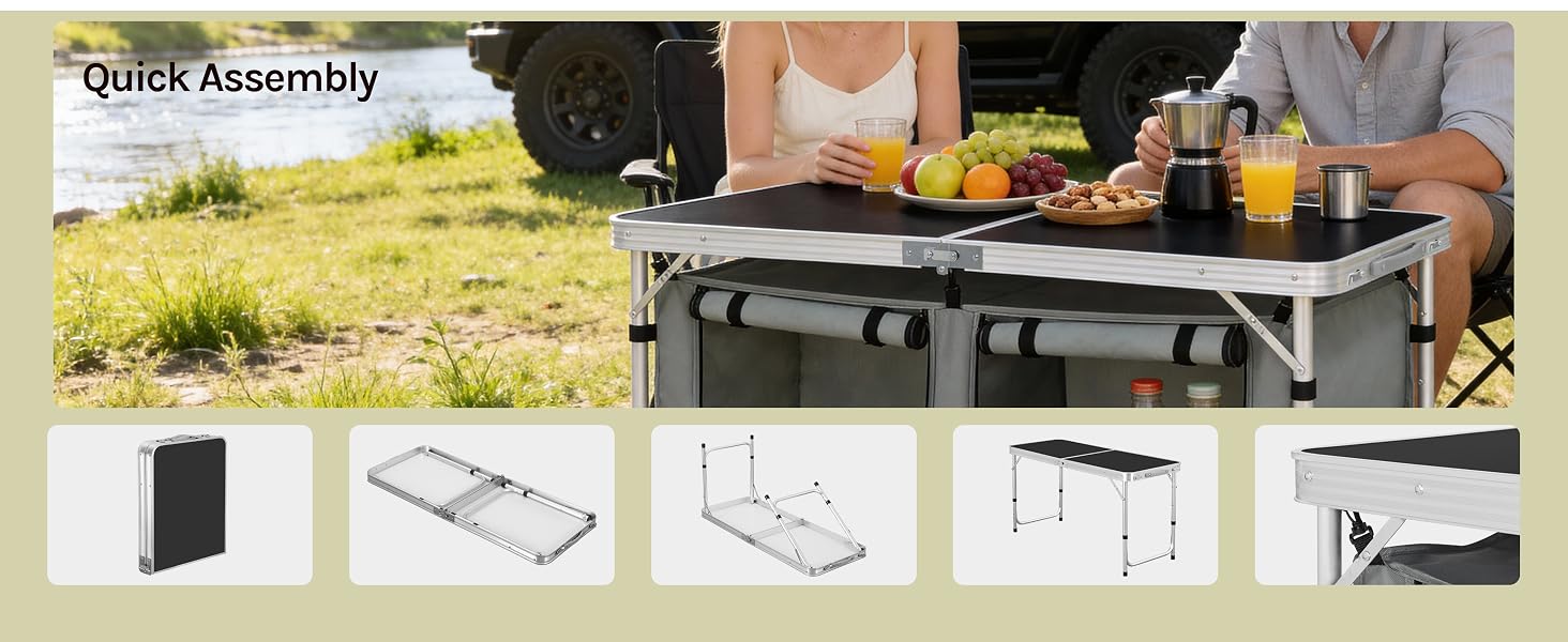 Text reads 'Quick Assembly'. Product assembly sequence showing portable table setup steps, followed by outdoor usage scenes with people dining.