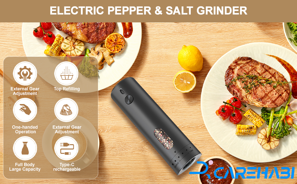 Macinasale e pepe elettrico nero visualizzato con piatti per alimenti e icone dell'interfaccia che indicano vari parametri di macinazione e funzionalità.