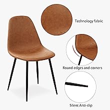 Sedia da pranzo moderna con seduta in tessuto marrone e gambe in metallo. Le caratteristiche includono tessuto tecnologico, bordi e angoli arrotondati e silenziosi piedini antiscivolo
