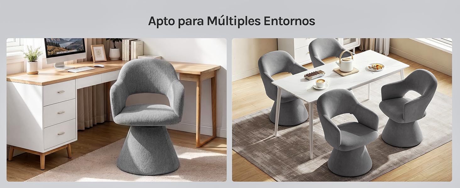El texto dice «Apto para Múltiples Entornos». Compuesto que muestra sillas curvas tapizadas en gris con detalles en negro en la sala de estar y el comedor, con muebles de madera natural y una decoración neutra.