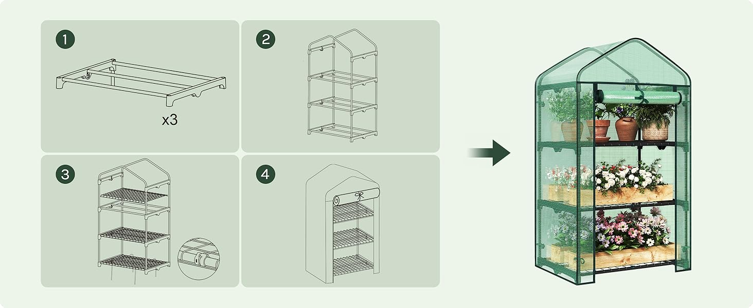 Series of green-tinted technical sketches showing assembly instructions for a greenhouse or plant structure with numbered steps and arrows.