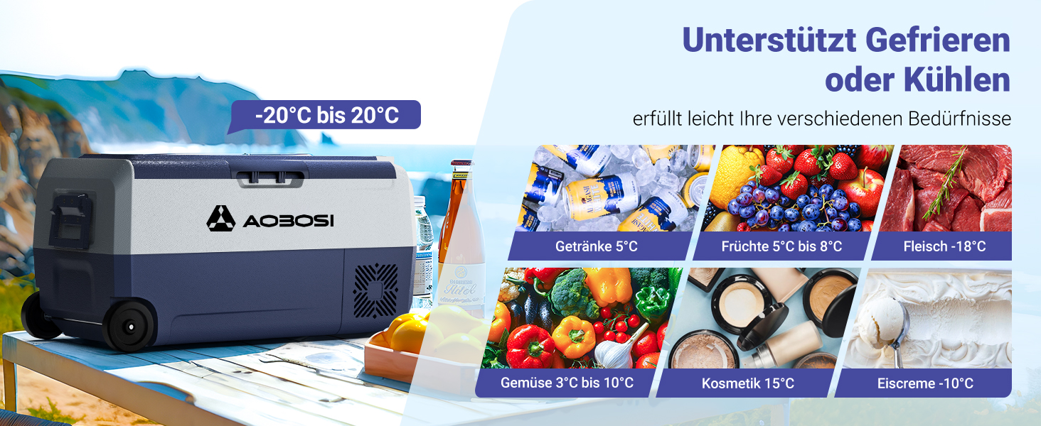 Tragbarer Gefrierschrank/Kühler mit einem Temperaturbereich von -20 °C bis 20 °C. Das geteilte Bild zeigt das Gerät und verschiedene Tiefkühlprodukte
