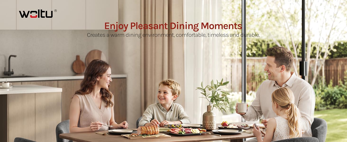 Text reads 'wosu' with additional tagline. Three women seated at dining table with natural lighting and garden visible through windows in background.