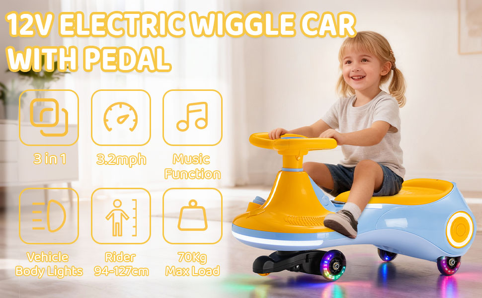 Text reads '12V ELECTRICAL WIGGLE CAR WITH PEDAL'. Yellow and black ride-on toy vehicle with pedals for toddlers, featuring icon symbols for music, lights, and storage functions.