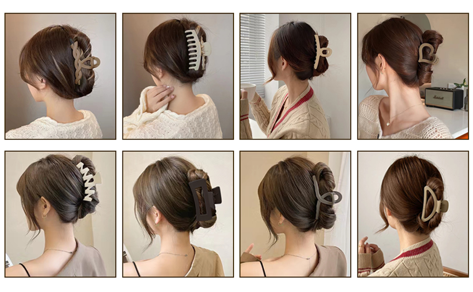 Eight-panel collage showing various formal updo hairstyles featuring decorative clips and elegant bun arrangements.