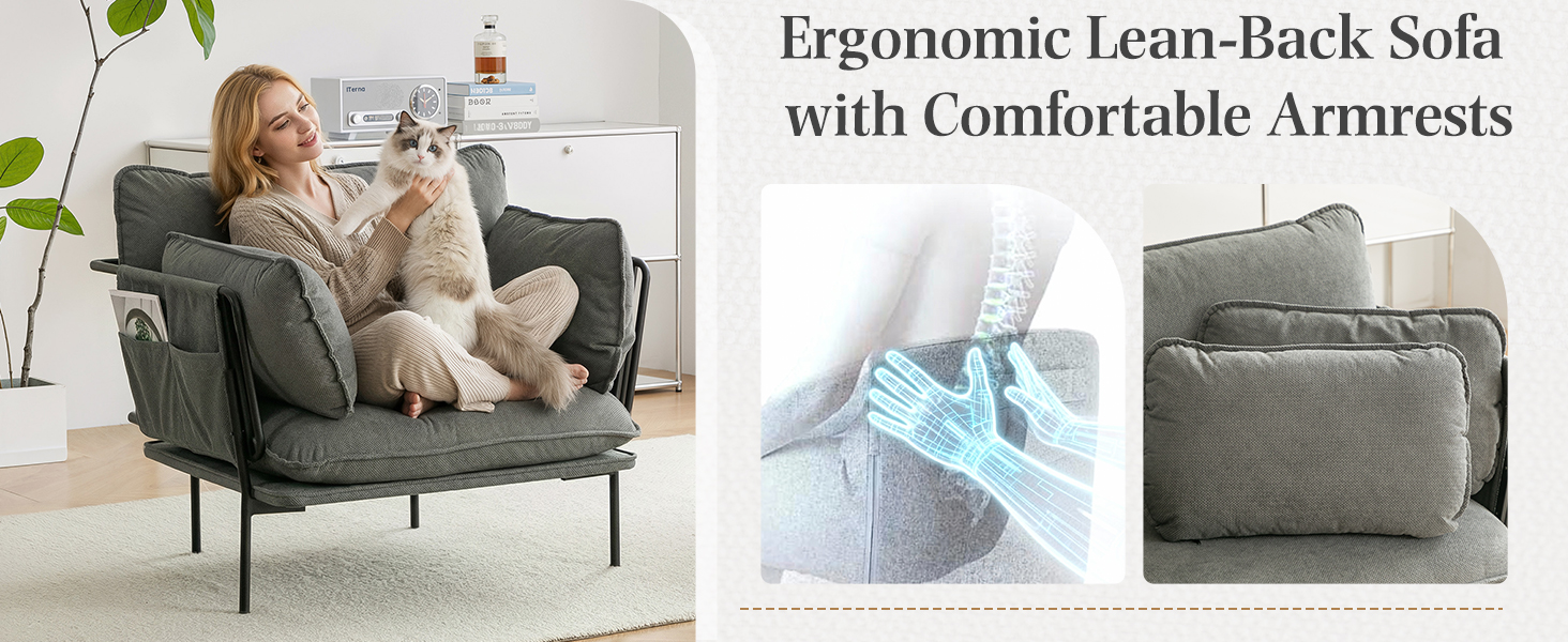 Text reads 'Ergonomic Lean-Back Sofa with Comfortable Armrests.' Grey contemporary sofa shown from multiple angles with cushioned design.