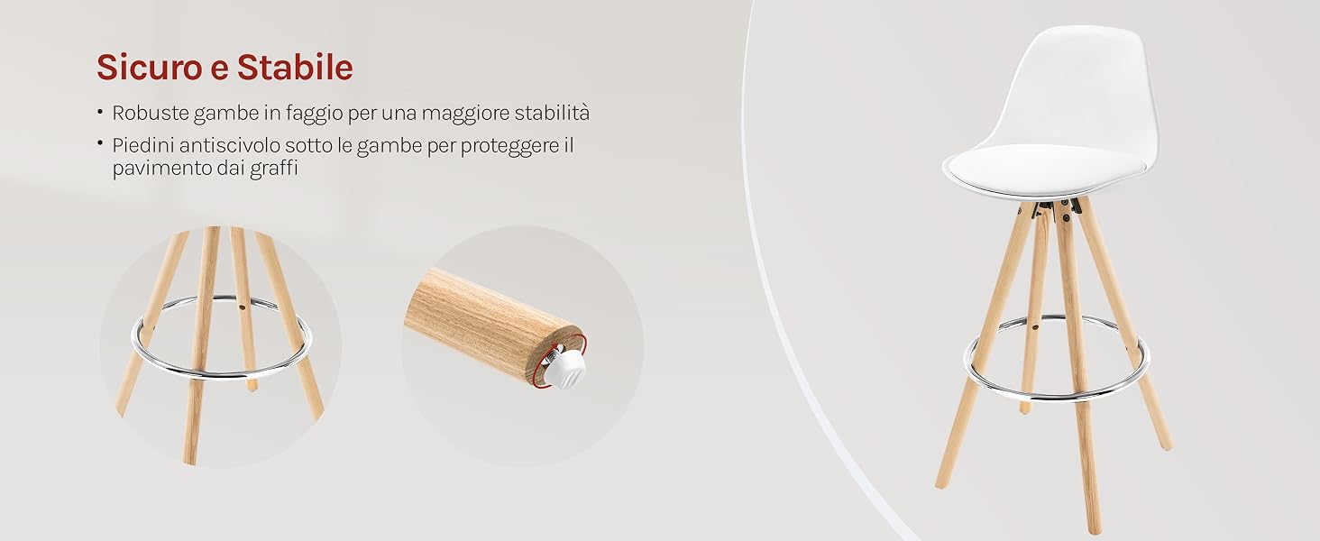 Sgabello da bar moderno con seduta bianca e gambe in legno. Le caratteristiche includono un anello poggiapiedi in metallo e un oggetto rotondo simile al sughero, probabilmente