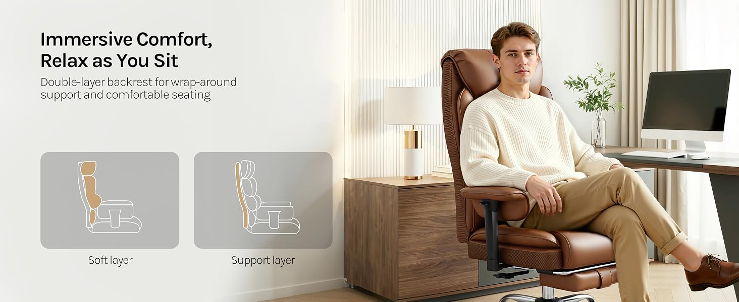 Text reads 'Impeccable Comfort, Relax as You Sit'. Series of product images showing gray cushioned furniture or seating arrangement from multiple angles.