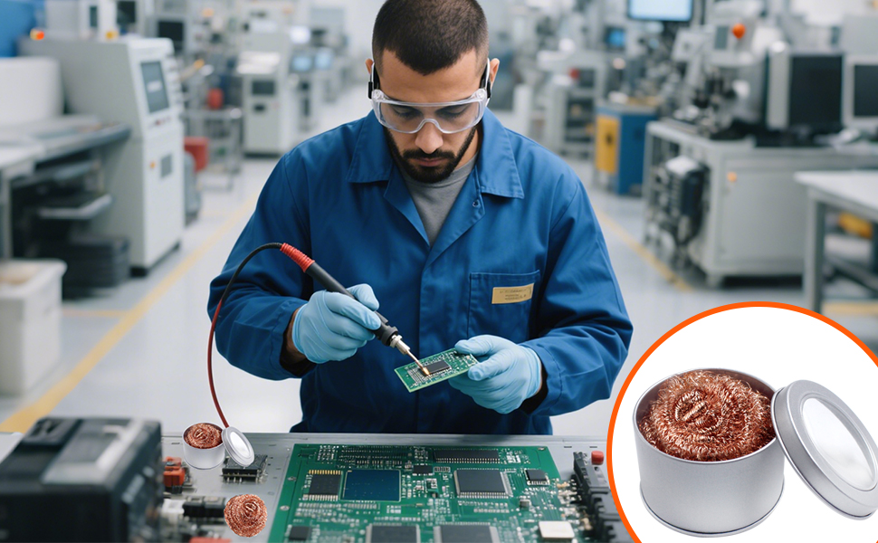 Professionnel en tenue de travail bleue effectuant la réparation ou l'assemblage de circuits électroniques, avec une image incrustée montrant un composant cuivré.