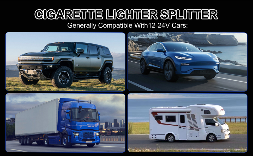 Cigarette lighter splitter compatibility display showing four vehicles: SUV, electric car, commercial truck, and motorhome. Compatible with 12-24V cars.