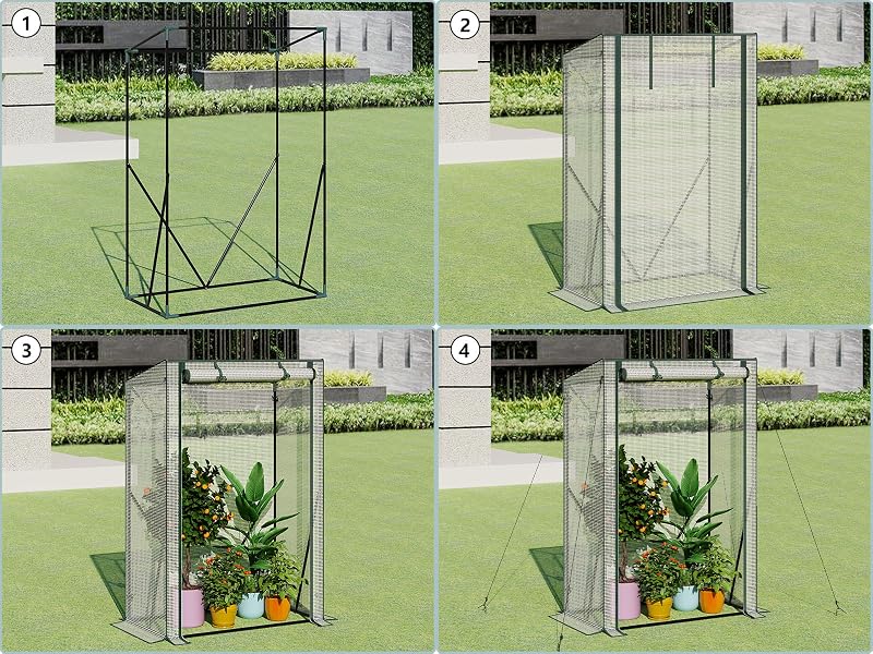 Sequenza di assemblaggio a quattro pannelli che mostra l'installazione di una copertura da giardino in rete, che inizia con la configurazione del telaio in metallo e termina con la copertura protettiva completa contenente piante in vaso