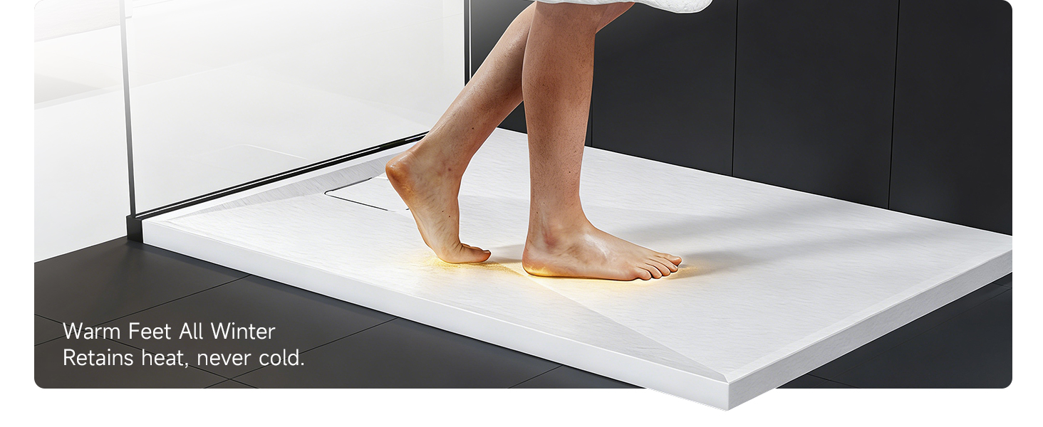 Text reads 'Warm Feet All Winter'. Close-up view of feet on what appears to be a heated floor or mat surface.