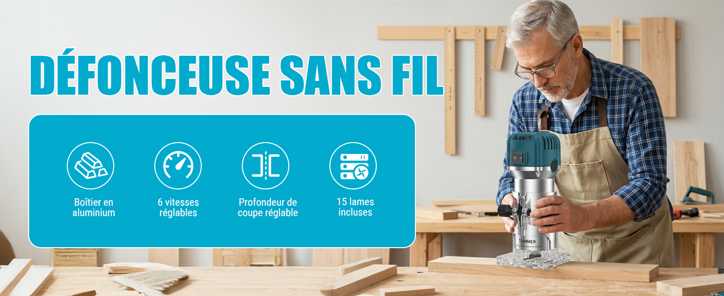 Le texte se lit comme suit : « DÉFONCEUSE SANS FIL ». L'image montre une scène d'atelier avec une personne utilisant un outil de menuiserie, accompagnée de quatre icônes circulaires bleues montrant les caractéristiques du produit.