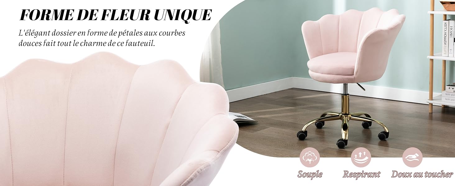 Le texte indique « FORME DE FLEUR UNIQUE ». Une autre vue de la chaise de bureau rose en forme de coquille montrant son motif de pétales floraux sous un angle différent.