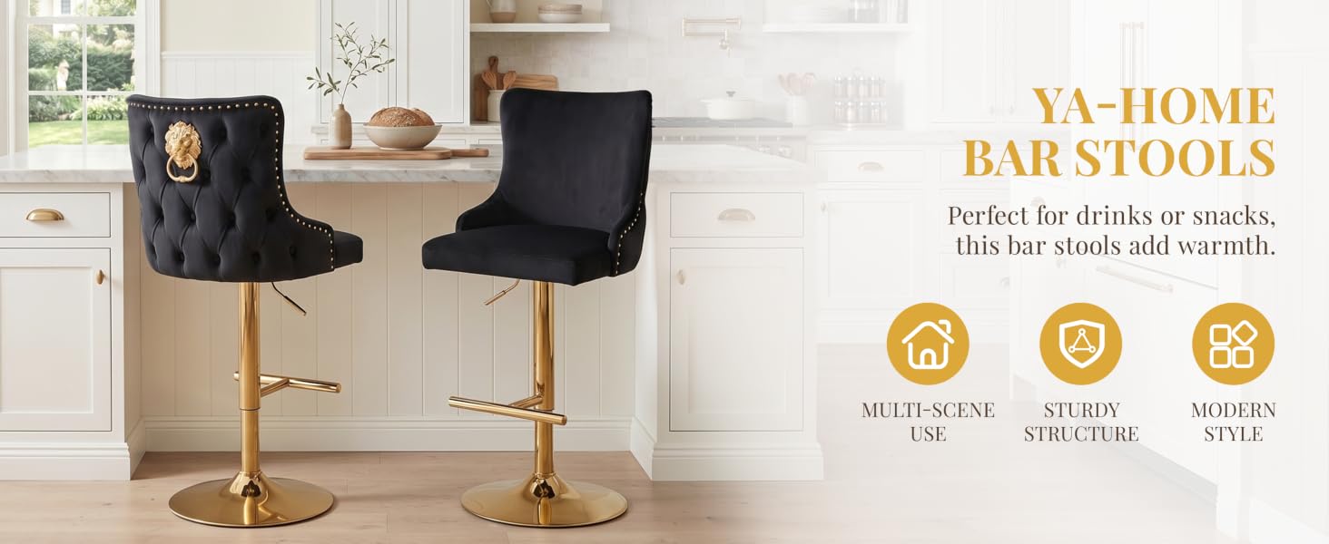 Text reads 'YA-HOME BAR STOOLS' with features listed: 'perfect for drinks or snacks', 'lift bar stool will swivel', and icons for specifications. Two black velvet bar stools with gold metal bases shown in modern kitchen setting.