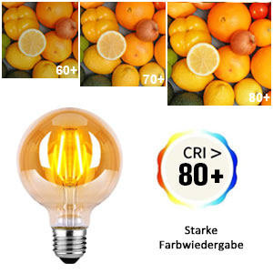 de style vintage avec design à filament, avec un rendu des couleurs IRC 80+ et les images de référence aux agrumes ci-dessus
