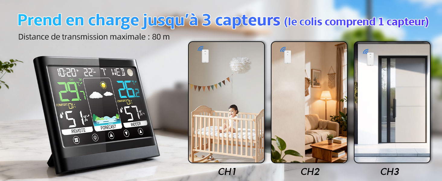 Le texte se lit comme suit : « Prend en charge jusqu'à 3 capteurs ». Série de vues de caméras de sécurité à domicile montrant différentes perspectives de surveillance des pièces.