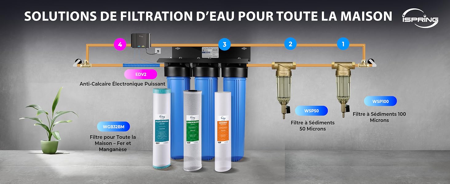 Le texte se lit comme suit : « SOLUTIONS DE FILTRATION D'EAU POUR TOUTE LA MAISON ». Schéma montrant un système de filtration d'eau domestique à plusieurs étages de filtration et à composants bleus.
