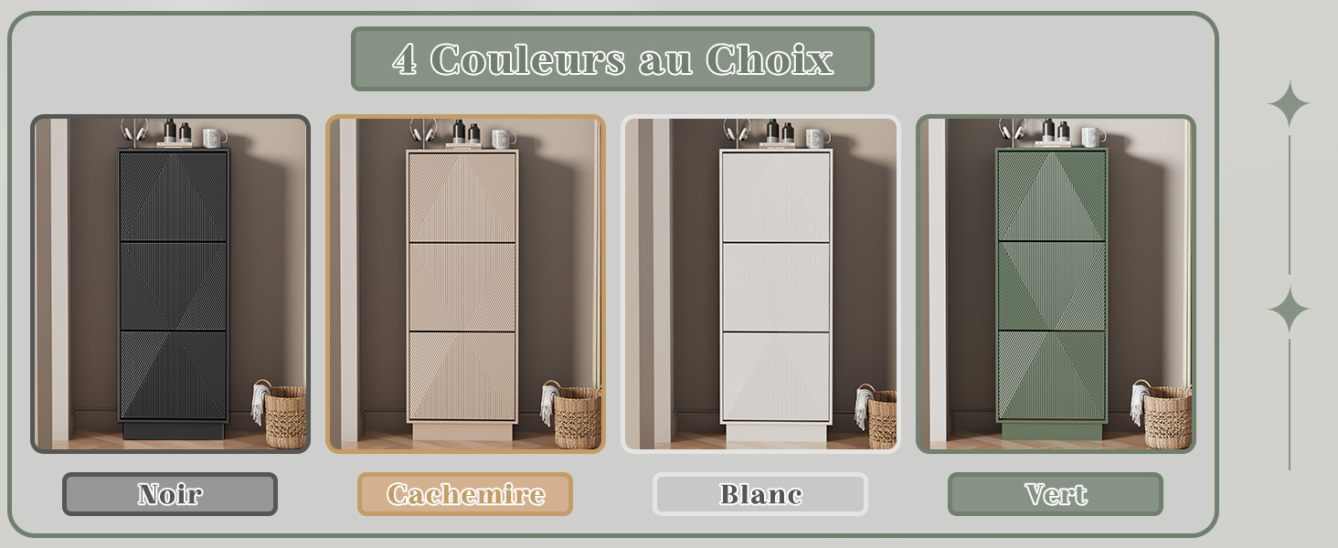 Le texte indique « 4 Couleurs au Choix ». Vitrine de produits présentant quatre variantes de couleurs d'unités de rangement ou de panneaux texturés en noir (noir), champagne, blanc (blanc) et vert (vert).