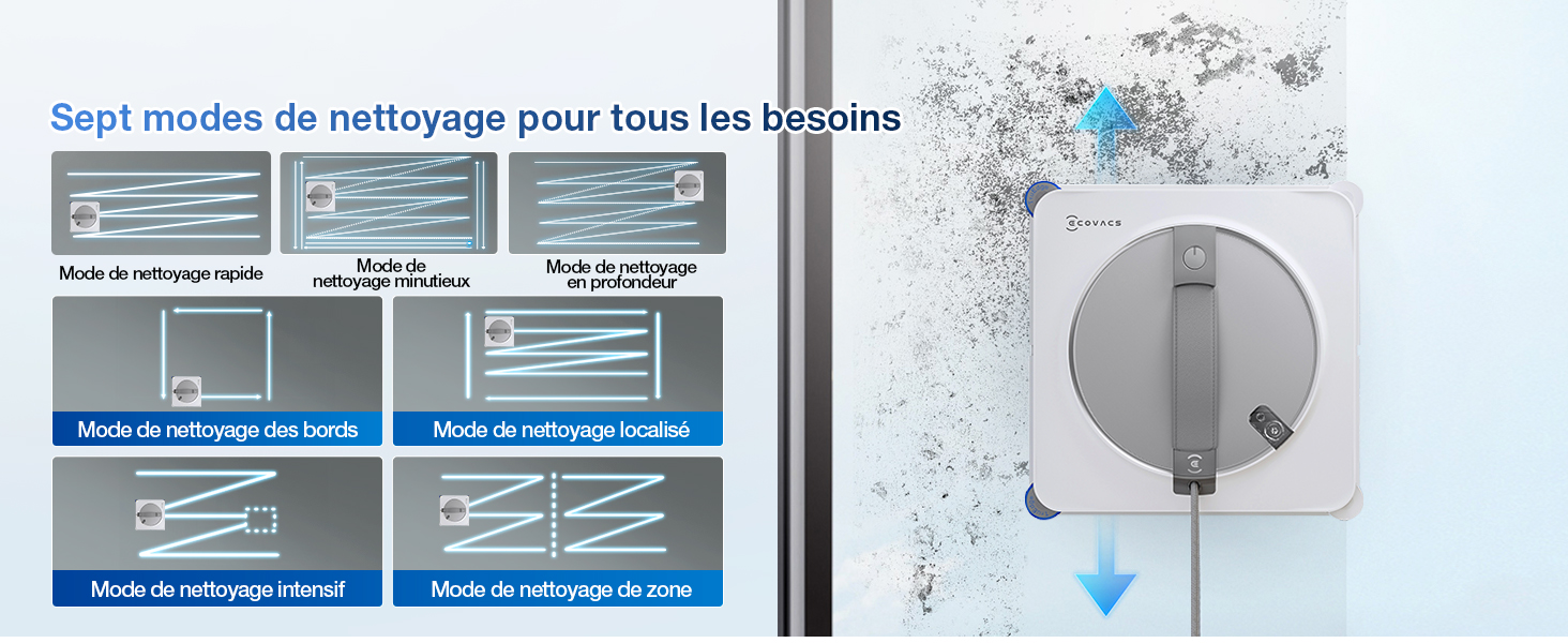 Schémas d'instructions techniques illustrant les étapes de nettoyage et d'entretien d'un produit. Les flèches bleues indiquent le mouvement directionnel pendant le processus de nettoyage.