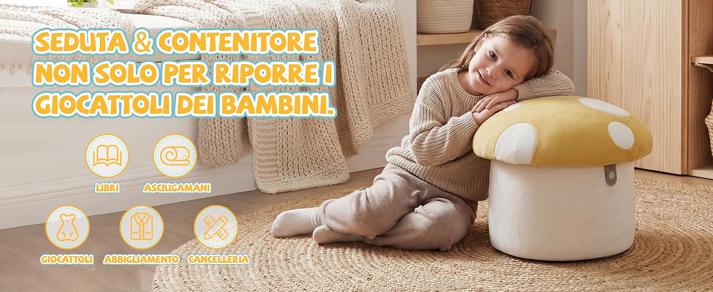 In alto si legge «SANTA COLLECTION - NEU SEIT 6 PER EINSICHT SCHWANKT MIT 1.2 M». Bambino che dorme tranquillamente accanto a un umidificatore a forma di fungo bianco e beige con icone circolari visualizzate di seguito che mostrano le specifiche del prodotto.