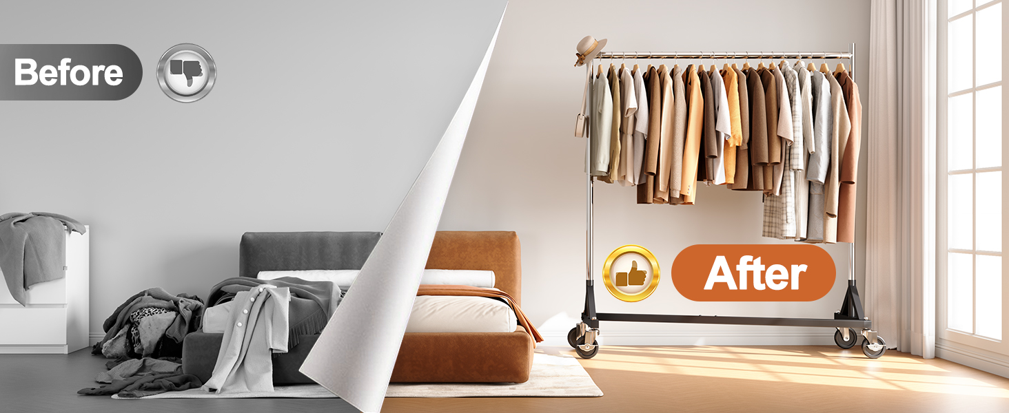 une chambre avec un porte-vêtements et un lit