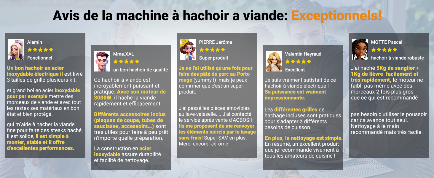 Collection de cinq cartes de commentaires clients en gris foncé avec du texte surligné en jaune, discutant des commentaires sur les produits du hachoir à viande en français.