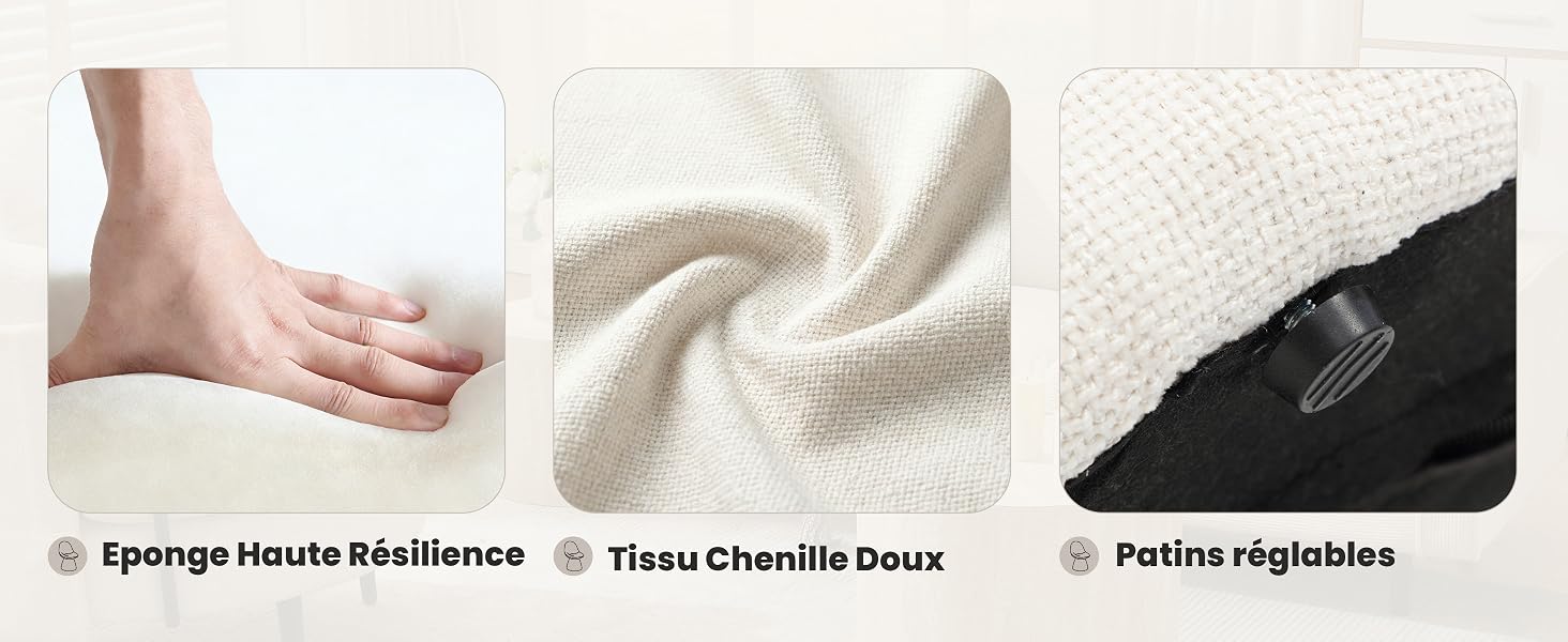 Le texte se lit comme suit : « Éponge tissu mélamine », « Tissu Grande ténue », « Fentes régulières ». Vues rapprochées des textures et des motifs des tissus ou des matériaux.
