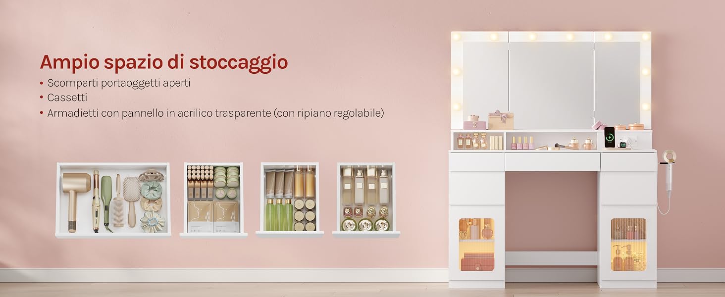 Il testo recita «Acrylic special di stoccaggio» e «Collezione Box &amp; Organizers». Sfondo murale rosa con contenitori e organizzatori bianchi con contenitori con accento verde su scaffale bianco.