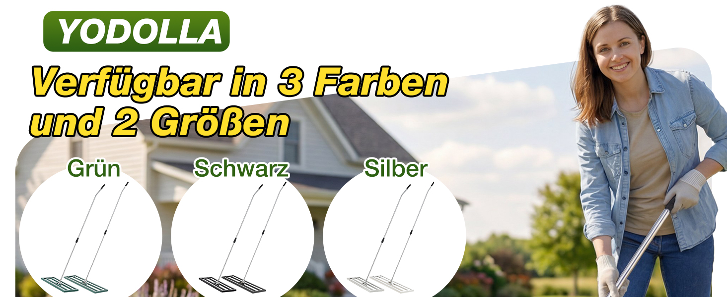 Der Text lautet „YODOLLA“ und „Verfügbar in 3 Farben und 3 Größen“ mit den Optionen „Grün, Schwarz, Silber“. Zeigt Golf-Putting-Übungsgeräte in verschiedenen Farben.