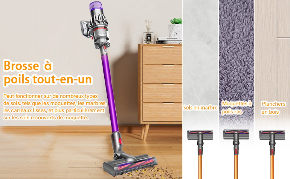 au design violet et argenté, présenté dans un cadre domestique. Plusieurs pièces jointes affichées pour différentes tâches de nettoyage.