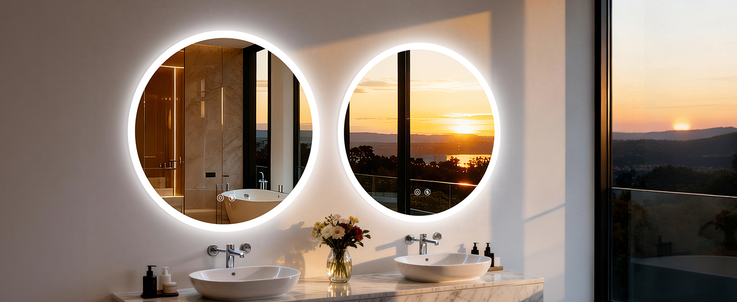 Serie di interni per bagni moderni che mostrano viste multiple di un bagno minimalista con specchi circolari, lavandini e illuminazione ambientale.