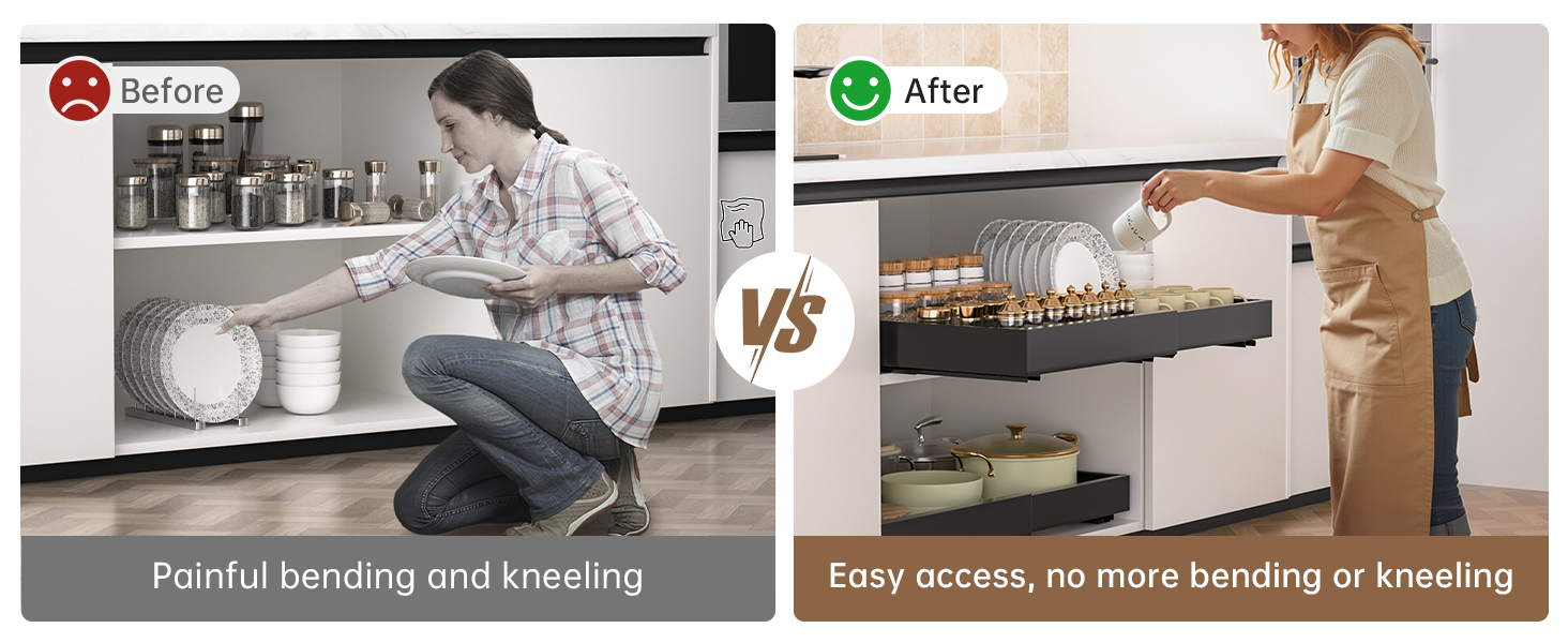 Comparison of kitchen storage access: Left shows person bending uncomfortably, right shows pull-out drawer system allowing easy, upright access to pots and pans.