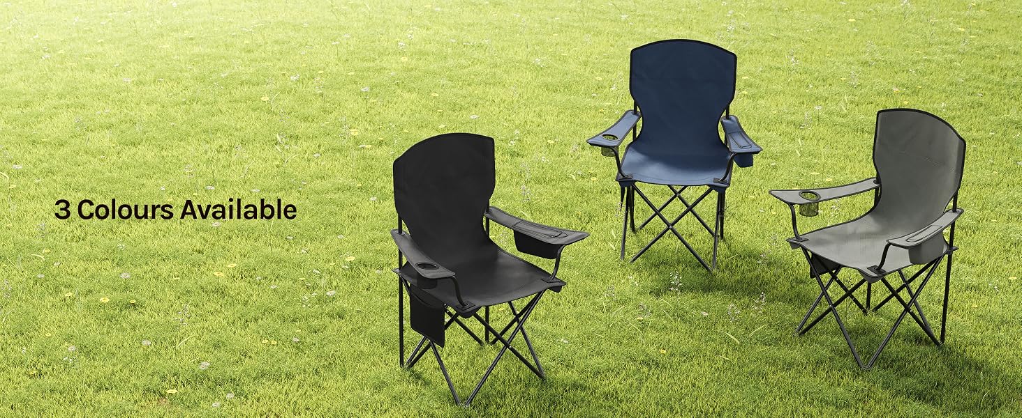 Text reads '3 Colours Available'. Three black camping chairs displayed on grass, showing folding design with armrests and metal frames in different angles.