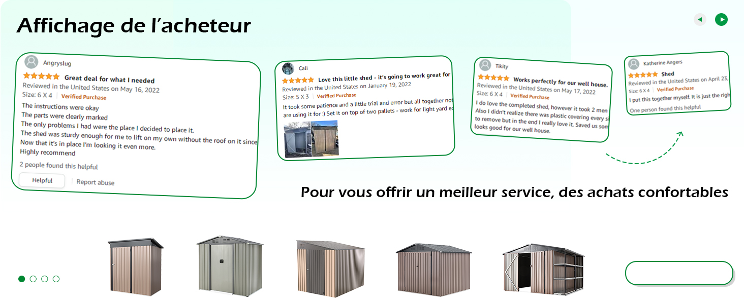 Cinq petits cabanons de rangement extérieurs disposés en rangée. Les cabanons varient en taille et en design, avec une construction en métal ou en plastique et des couleurs neutres comme le beige et le gris.