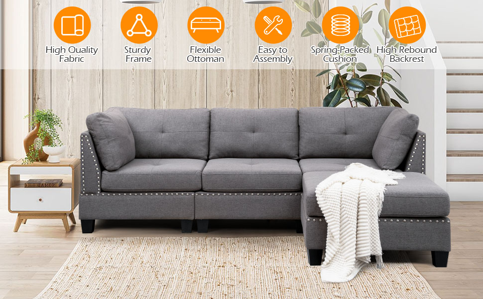 Gray L-shaped sectional sofa with tufted back cushions and silver nailhead trim. Features include high-quality fabric, sturdy frame, flexible cushions, easy assembly, and high rebound foam.