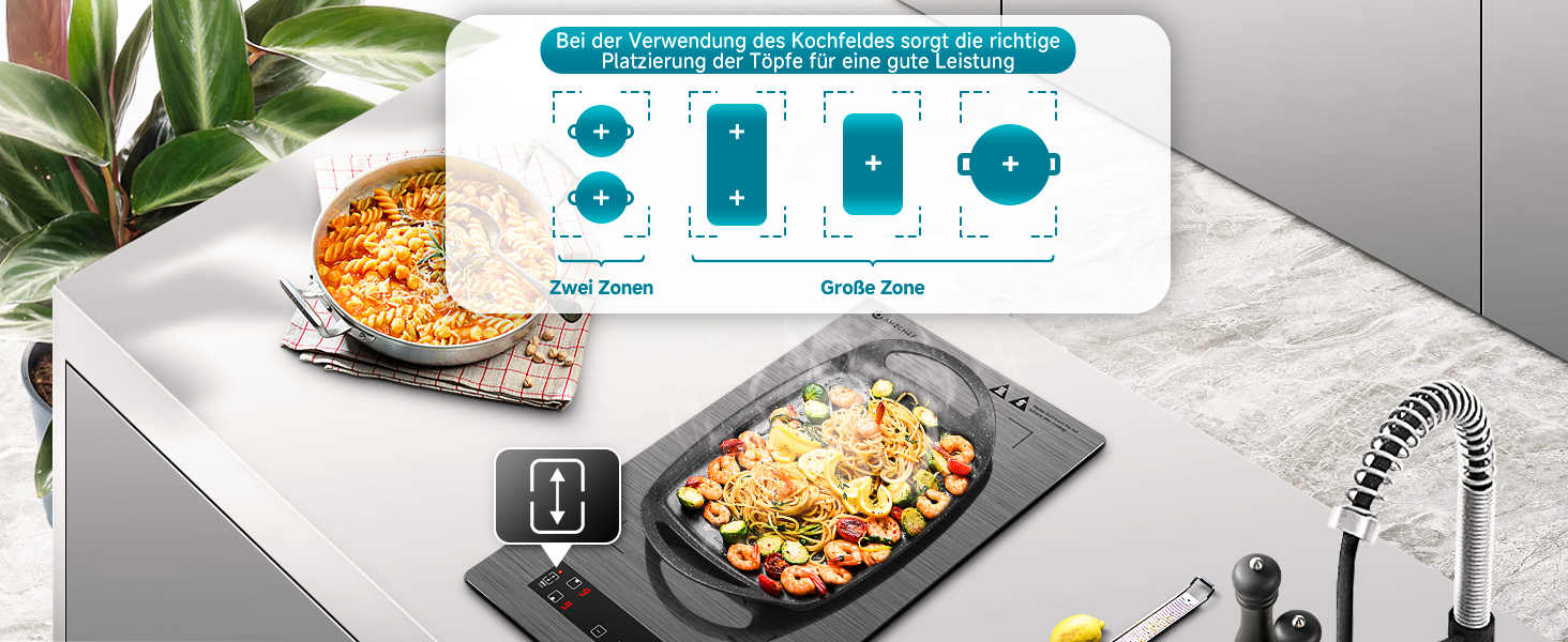 Elektroherd mit einer Grillpfanne mit gebratenem Gemüse. Das obige Diagramm zeigt die Berührungssteuerungen für Strom- und Grillzonen. Teilansicht der Küchentheke mit Pflanzen und Utensilien.