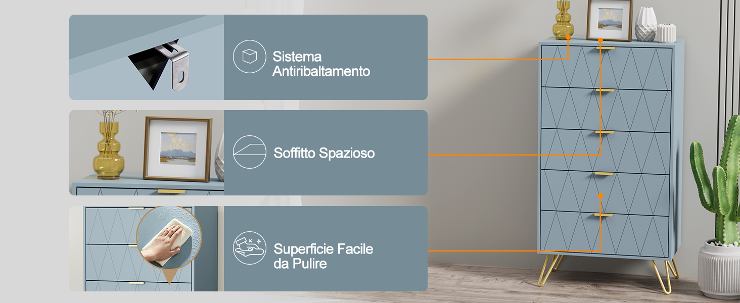 Espositore per mobili da interno che mostra scaffali con oggetti decorativi, piante e soluzioni organizzative in tre diverse configurazioni di armadi.