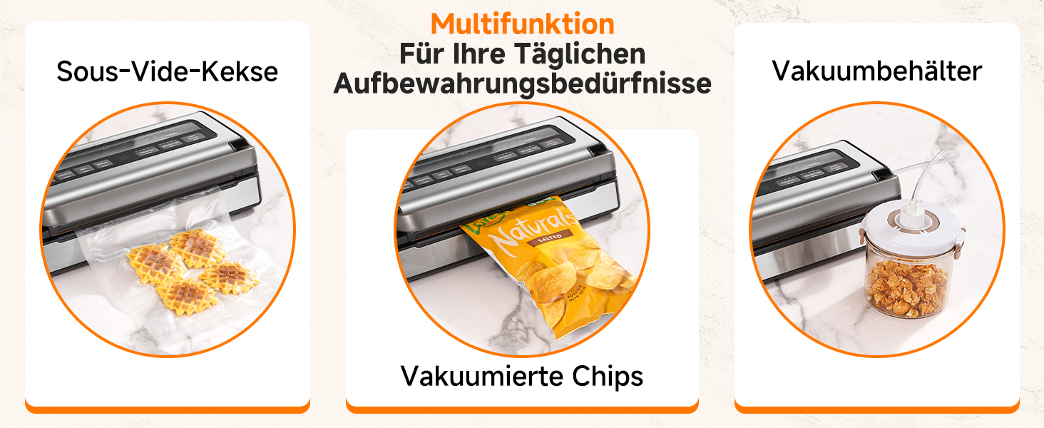 Der Text lautet „Sous-Vide-Käse“, „Für Ihre täglichen Aufbewahrungsbedürfnisse“, „Vakuumbehälter“, „Vakuumierte Chips“. Sequenz, die den Vakuumversiegelungsprozess zur Aufbewahrung von Lebensmitteln mit kreisförmigen Fortschrittsanzeigen zeigt.