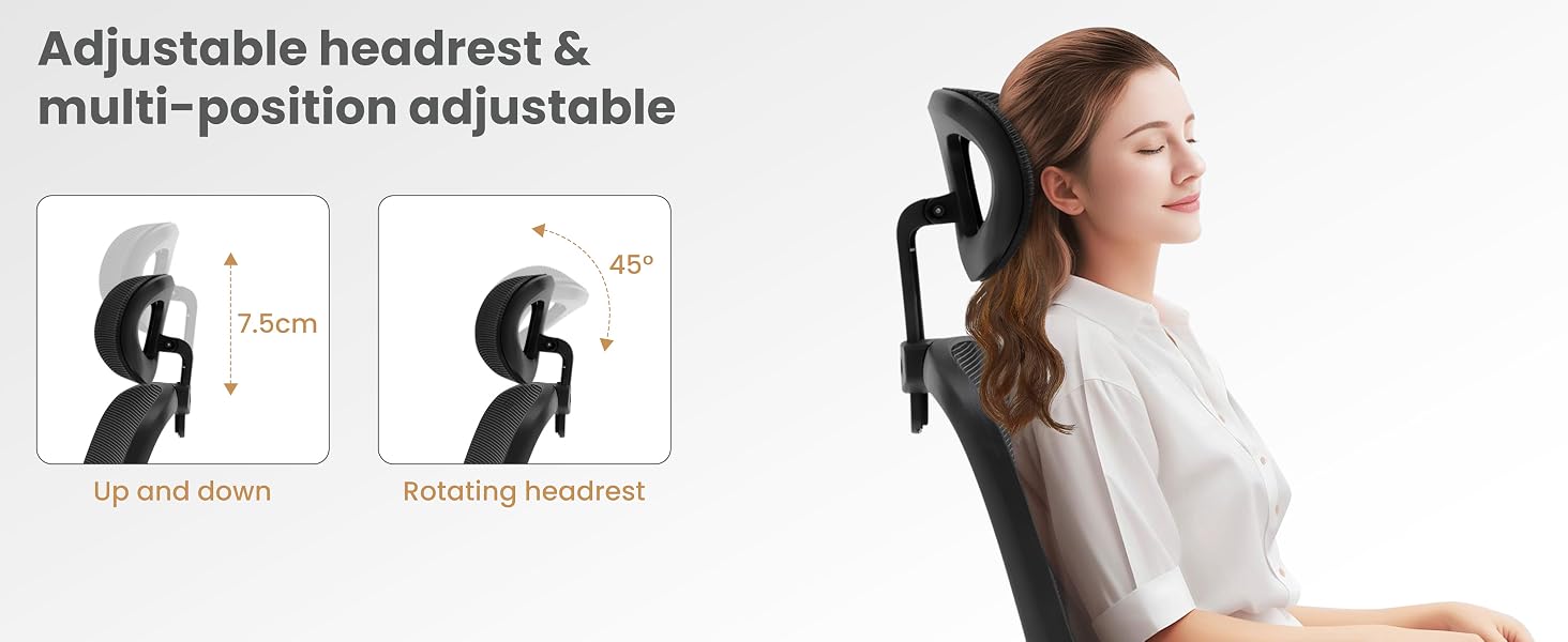 Adjustable headrest diagram showing multi-position functionality. Illustration depicts up/down and rotating adjustments with measurements.