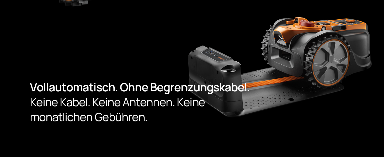 Der Text lautet „Vollständig. Ohne Begrenzungsbeait. Kein Knäuel mehr durch ein mechanisches Gerät. ' Nahaufnahme des Messersystems eines Rasenmähroboters.