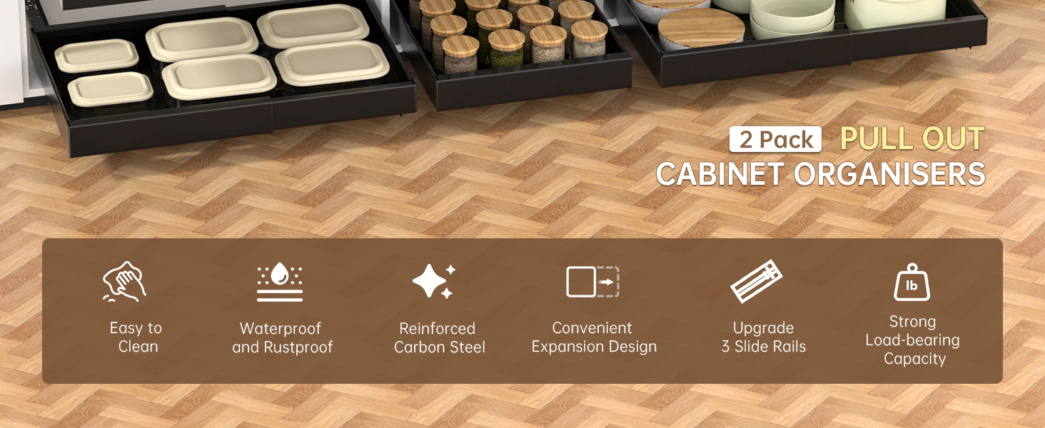 Pull-out cabinet organizers displayed with various compartments. Features include easy cleaning, waterproof surface, shatterproof construction, convenient extension, and 5-star rating. Product shown in use with assorted containers.