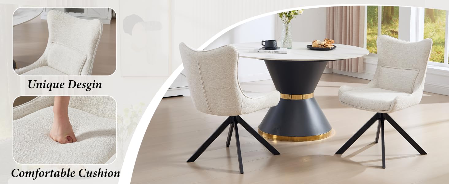 Text reads 'Designer Design' and 'Comfortable Cushion'. Modern dining chairs with detailed views of legs and upholstery features.