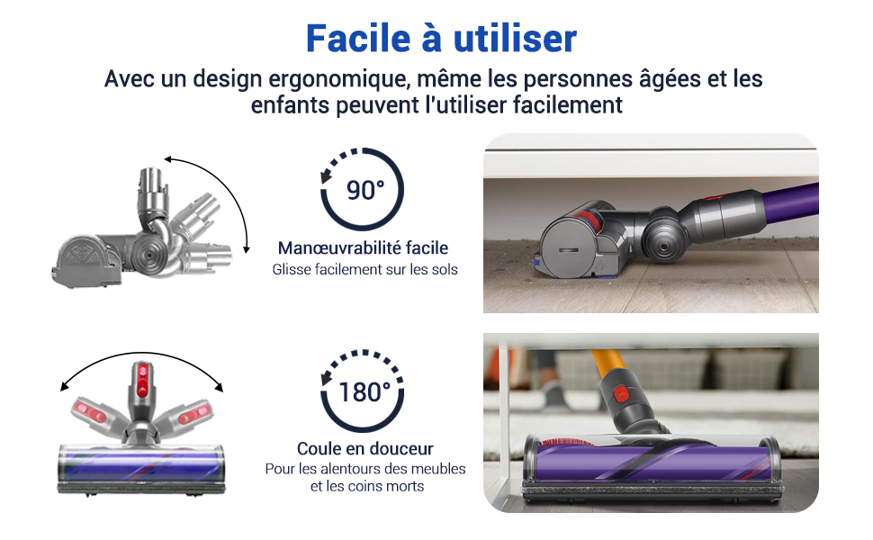 mostrando capacidades de rotación de 90 y 180 grados, con imágenes que demuestran una maniobrabilidad flexible
