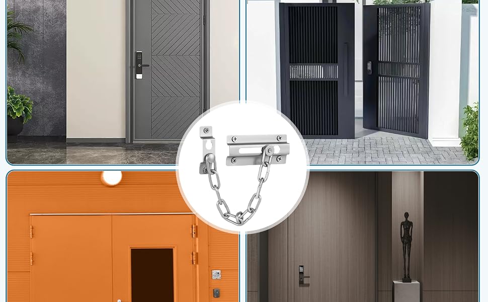Collage showing various door security applications, featuring a door chain lock in the center and different door types in surrounding images.