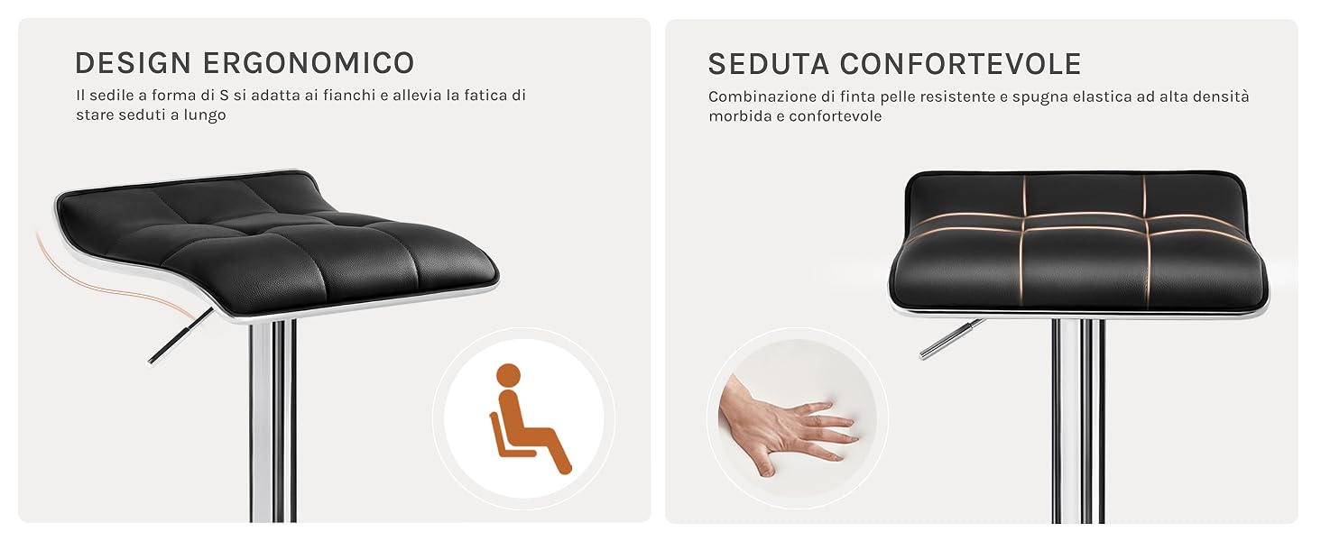 Immagine a due pannelli di uno sgabello da bar imbottito nero. Il pannello sinistro mostra un design ergonomico con l'icona della seduta. Il pannello destro mostra una comoda seduta con una mano che preme sul cuscino